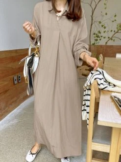 Women Solid Long Sleeve Lapel Shirt Maxi Dress -Zanzea Shop ab9ca14b 2c23 473e aaf8 4d3ae4145ab6