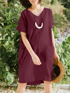 Solid Short Sleeve Pocket V-neck Dress For Women -Zanzea Shop aba40213 9266 405f 8388 bb903c0ac87b