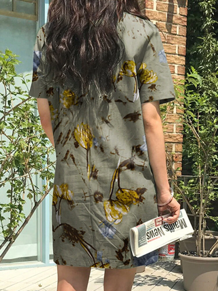 Flower Print Short Sleeve Pocket Crew Neck Vintage Dress 2 Flower Print Short Sleeve Pocket Crew Neck Vintage Dress - Image 2