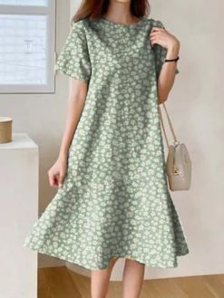 Allover Floral Print Ruffle Hem Short Sleeve Crew Neck Dress -Zanzea Shop abc593cf fced 4865 a2ea 4c17d42e21e2