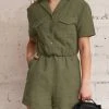 Solid Pocket Button Front Short Sleeve Lapel Cargo Romper