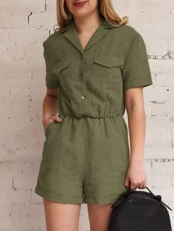 Solid Pocket Button Front Short Sleeve Lapel Cargo Romper