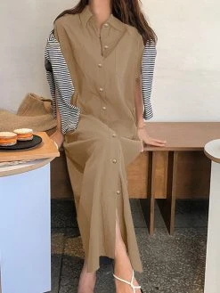 Solid Slit Pocket Button Front Lapel Maxi Shirt Dress