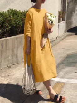 Solid Long Sleeve Loose Crew Neck Vintage Dress -Zanzea Shop ac8725a0 02b1 4c24 8c5e 3b04dd96ddab