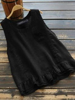 Solid Ruffle Hem Pocket Crew Neck Tank Top -Zanzea Shop ac92b32a cb3d 4917 9e87 43781662725b
