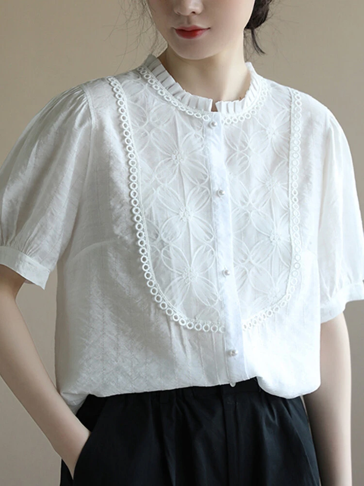 Contrast Embroidery Short Sleeve Pearl Button Blouse 6 Contrast Embroidery Short Sleeve Pearl Button Blouse - Image 6