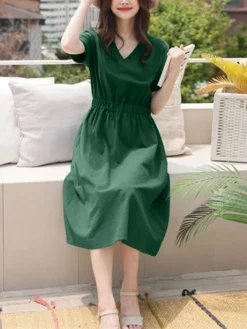 Solid Elastic Waist V-neck Short Sleeve Casual Dress 20 Solid Elastic Waist V-neck Short Sleeve Casual Dress -Zanzea Shop acc62753 9ddc 4857 859e 19cabaa6ed6e