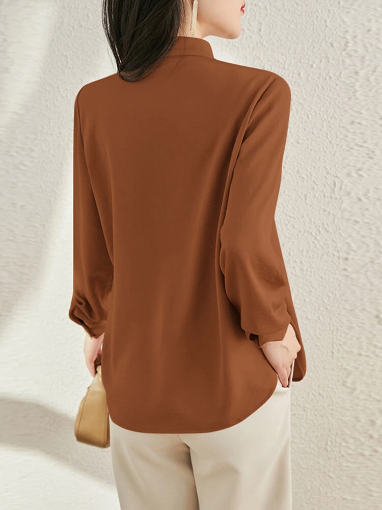 Solid Ruffle Stand Collar Long Sleeve Blouse For Women 10 Solid Ruffle Stand Collar Long Sleeve Blouse For Women - Image 10