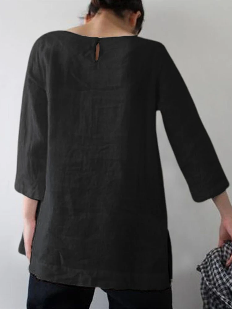 Solid 3/4 Sleeve Keyhole Back Slit Crew Neck Blouse 4 Solid 3/4 Sleeve Keyhole Back Slit Crew Neck Blouse - Image 4