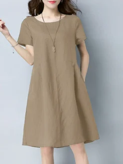 Solid Pocket Short Sleeve Crew Neck Midi Casual Dress