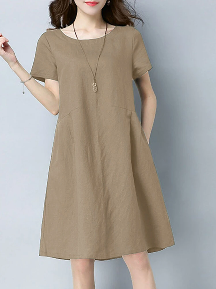 Solid Pocket Short Sleeve Crew Neck Midi Casual Dress 1 Solid Pocket Short Sleeve Crew Neck Midi Casual Dress