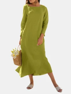 Solid Crew Neck Casual Dress For Women