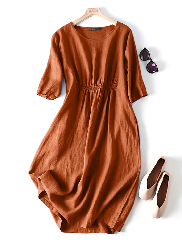 Solid Shirred Pocket Half Sleeve Crew Neck Dress 3 Solid Shirred Pocket Half Sleeve Crew Neck Dress - Image 3