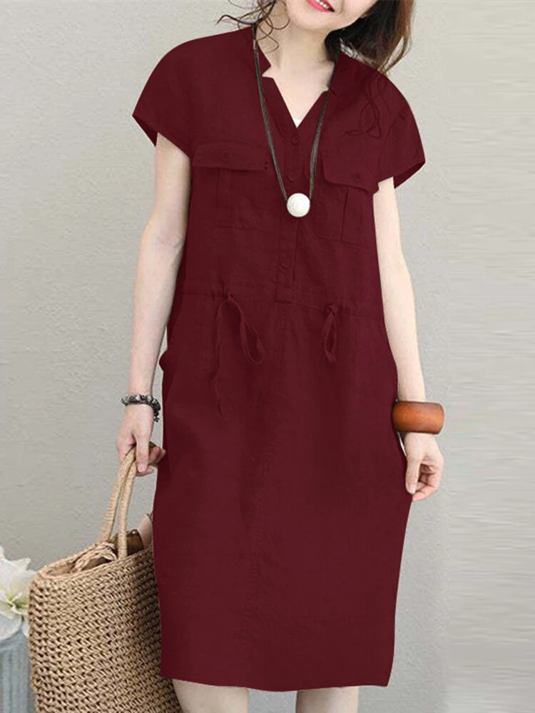 Solid Short Sleeve Pocket Drawstring Button Dress 4 Solid Short Sleeve Pocket Drawstring Button Dress - Image 4