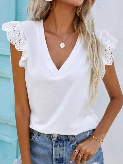 Women Plain V-Neck Lace Sleeve Splice Casual T-Shirt