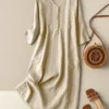 Solid V-neck 3/4 Sleeve Button Casual Dress