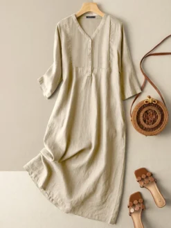 Solid V-neck 3/4 Sleeve Button Casual Dress