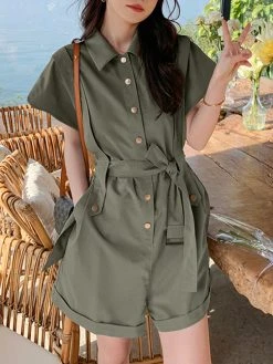 Solid Belt Button Front Pocket Short Sleeve Lapel Cargo Romper -Zanzea Shop ad64ea68 08ed 44ac be15 95caed0af481