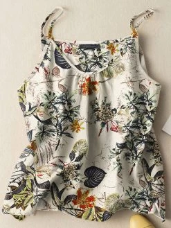 Women Tropical Plant Print Vacation Spaghetti Strap Cami
