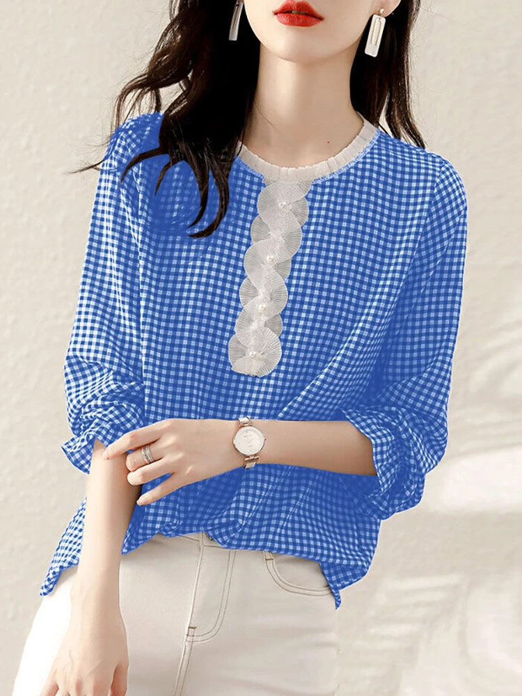 Check Print Long Sleeve Crew Neck Panel Blouse 1 Check Print Long Sleeve Crew Neck Panel Blouse