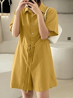 Solid Pocket Drawstring Waist Button Lapel Short Sleeve Romper -Zanzea Shop ae7d7d86 cf87 4072 86e7 e894bb4047f1