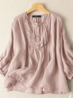 Women Solid Pleated Crew Neck Button Design Puff Sleeve Blouse -Zanzea Shop ae8e58fe fca5 4a4d a24f fdfccd0ffb37