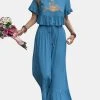 Embroidery Drawstring Waist Ruffle Wide Leg Two Pieces Suit