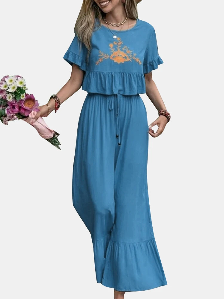 Embroidery Drawstring Waist Ruffle Wide Leg Two Pieces Suit 1 Embroidery Drawstring Waist Ruffle Wide Leg Two Pieces Suit