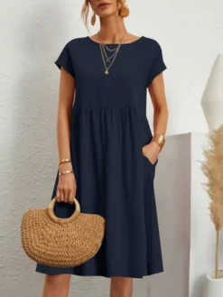 Women Solid Short Sleeve Pocket Midi Casual Dress -Zanzea Shop aeae5e20 b6a5 4b5f bb2e 8bd4021e985e