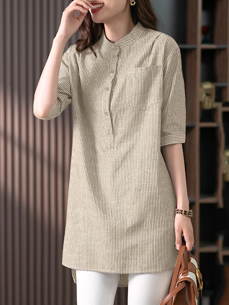 Striped Pattern Half Sleeve High-low Pocket Button Blouse 3 Striped Pattern Half Sleeve High-low Pocket Button Blouse - Image 3