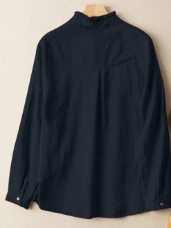 Solid Ruffle Trim Stand Collar Pocket Button Blouse -Zanzea Shop aecdfc53 2897 4b49 a2df 23c9939dbc29