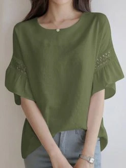 Women Hollow Stitch Ruffle Sleeve Crew Neck Blouse -Zanzea Shop aece97b2 8c65 4295 8882 63edd095592e