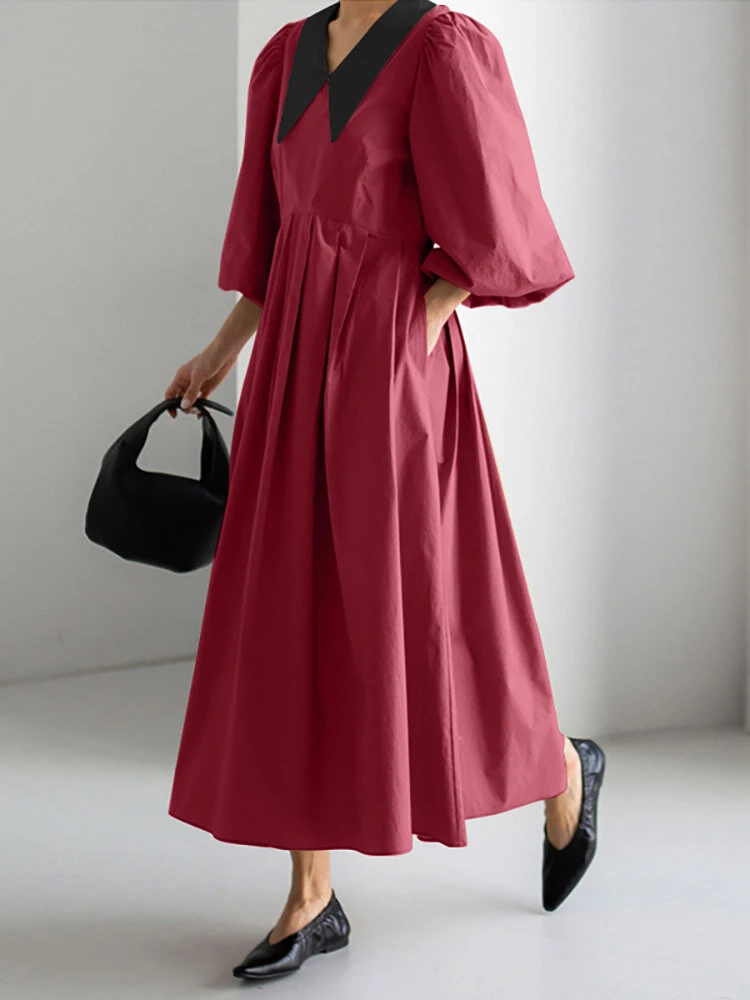 Contrast Collar Pleated Pocket Lantern Sleeve Maxi Dress 6 Contrast Collar Pleated Pocket Lantern Sleeve Maxi Dress - Image 6