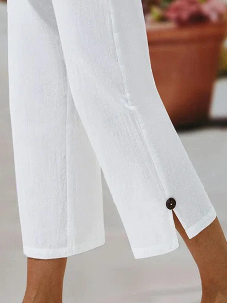 Women Solid Color Split Cuff Cotton Cropped Pants 4 Women Solid Color Split Cuff Cotton Cropped Pants - Image 4