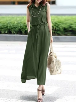Solid Pocket Sleeveless Drawstring Waist Lapel Dress