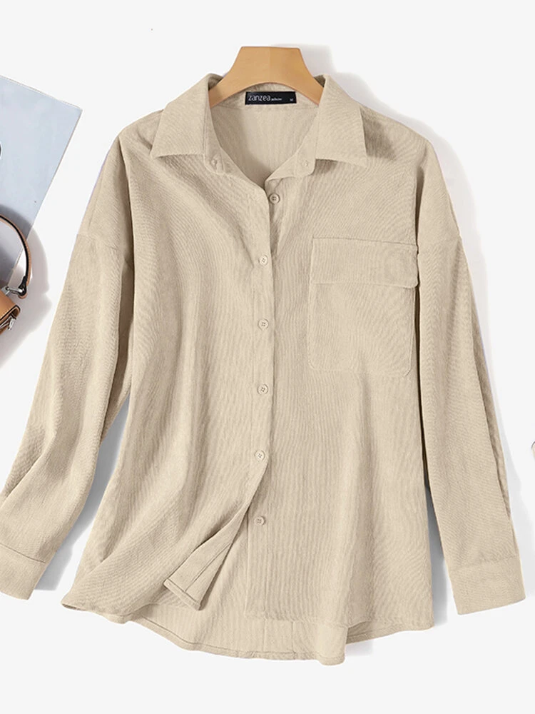 Solid Corduroy Long Sleeve Lapel Shirt For Women 1 Solid Corduroy Long Sleeve Lapel Shirt For Women