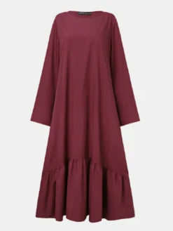 Solid Color O-neck Long Sleeve Plus Size Casual Dress With Pocket