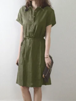 Solid Button Front Lapel Short Sleeve Dress With Belt -Zanzea Shop af465f7e 222f 4b25 9bd0 695d7bab3c6c