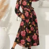 Cottagecore Flower Print Sash Lettuce-Edge Long Sleeve Maxi Dress