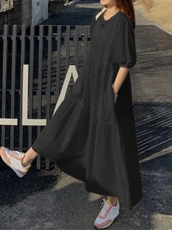 Solid Pocket Half Sleeve Ruffle Casual Cotton Maxi Dress -Zanzea Shop af8c2081 7619 4cb0 a945 774176e1bed6