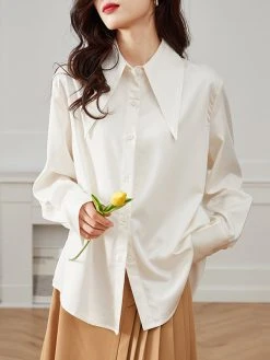 Satin Solid Button Front Long Sleeve Lapel Loose Shirt
