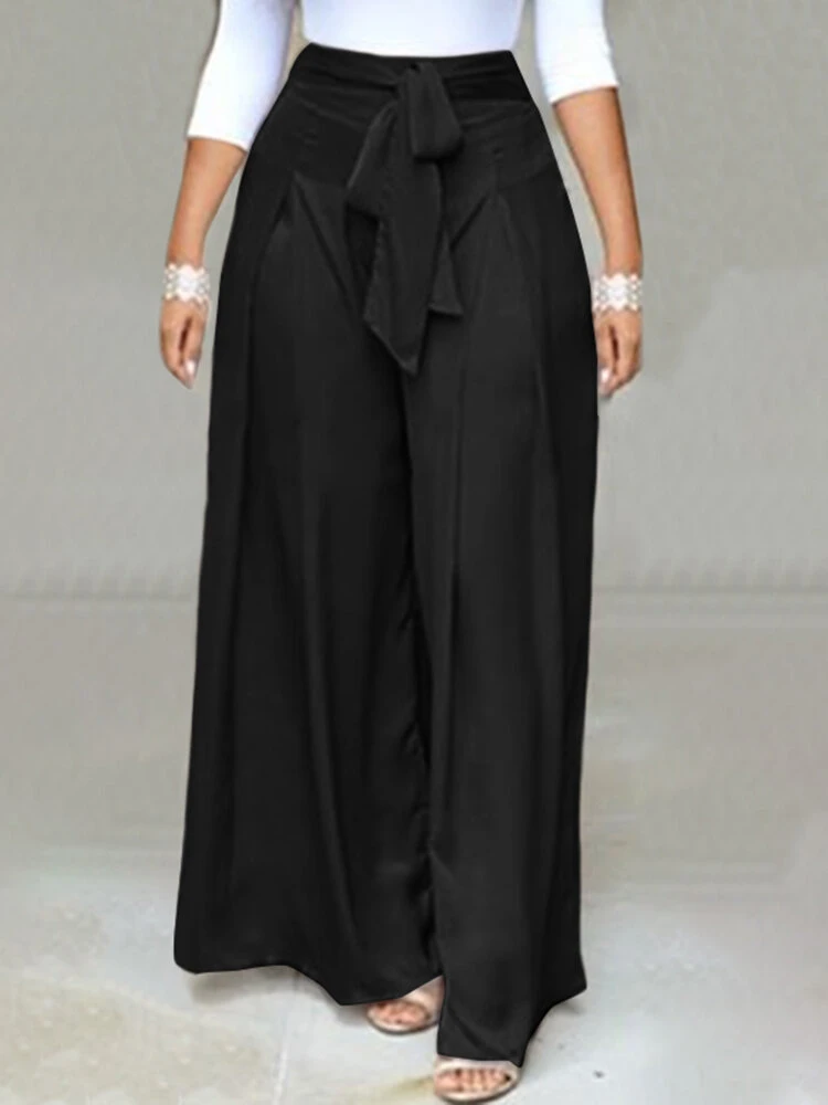 Women Solid Tie Waist Casual Wide Leg Pants With Pocket 3 Women Solid Tie Waist Casual Wide Leg Pants With Pocket - Image 3