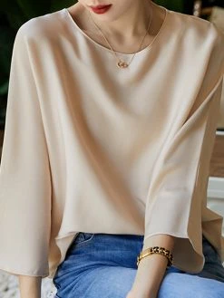 Satin Solid Dolman Sleeve Crew Neck Women Blouse