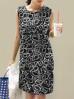 Women Abstract Print Crew Neck Casual Sleeveless Dress