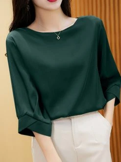 Satin Solid Crew Neck 3/4 Sleeve Women Blouse 15 Satin Solid Crew Neck 3/4 Sleeve Women Blouse -Zanzea Shop b02ae703 d4e9 40e8 8f4f 5e9f455510a2
