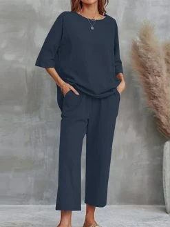 Women Solid Crew Neck High-Low Hem Cotton Co-ords -Zanzea Shop b09a158d ba01 4a8c b9f4 fe5fbda80e6d