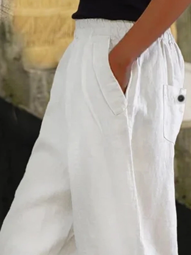 Women Solid Side Split Button Cuff Cotton Cropped Pants 3 Women Solid Side Split Button Cuff Cotton Cropped Pants - Image 3