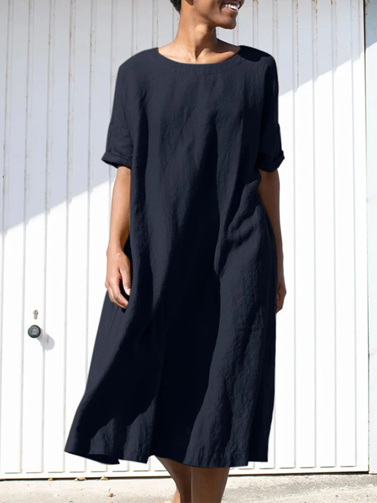 Solid Loose Crew Neck Short Sleeve Casual Dress With Belt 1 Solid Loose Crew Neck Short Sleeve Casual Dress With Belt