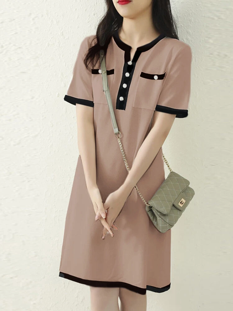 Contrast Pocket Short Sleeve Notch Neck Casual Dress 10 Contrast Pocket Short Sleeve Notch Neck Casual Dress - Image 10
