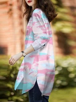 Tie Dye Loose Slit Hem Button Front Stand Collar Blouse -Zanzea Shop b0bba280 001c 4711 b789 6ba4f6f06971